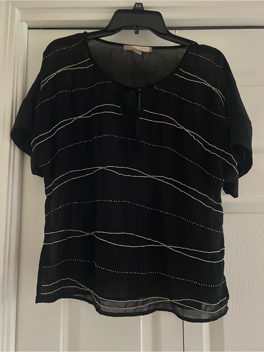 Forever 21 Black Short Sleeve Tie-Front Blouse with Silver Beading